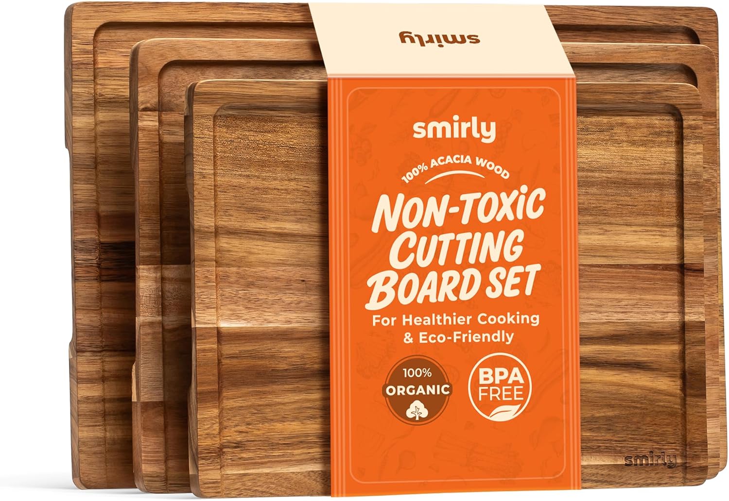 Set de 3 Tablas de Cortar de Madera de Acacia SMIRLY – Antideslizantes, Fáciles de Limpiar y Elegantes para Cocina