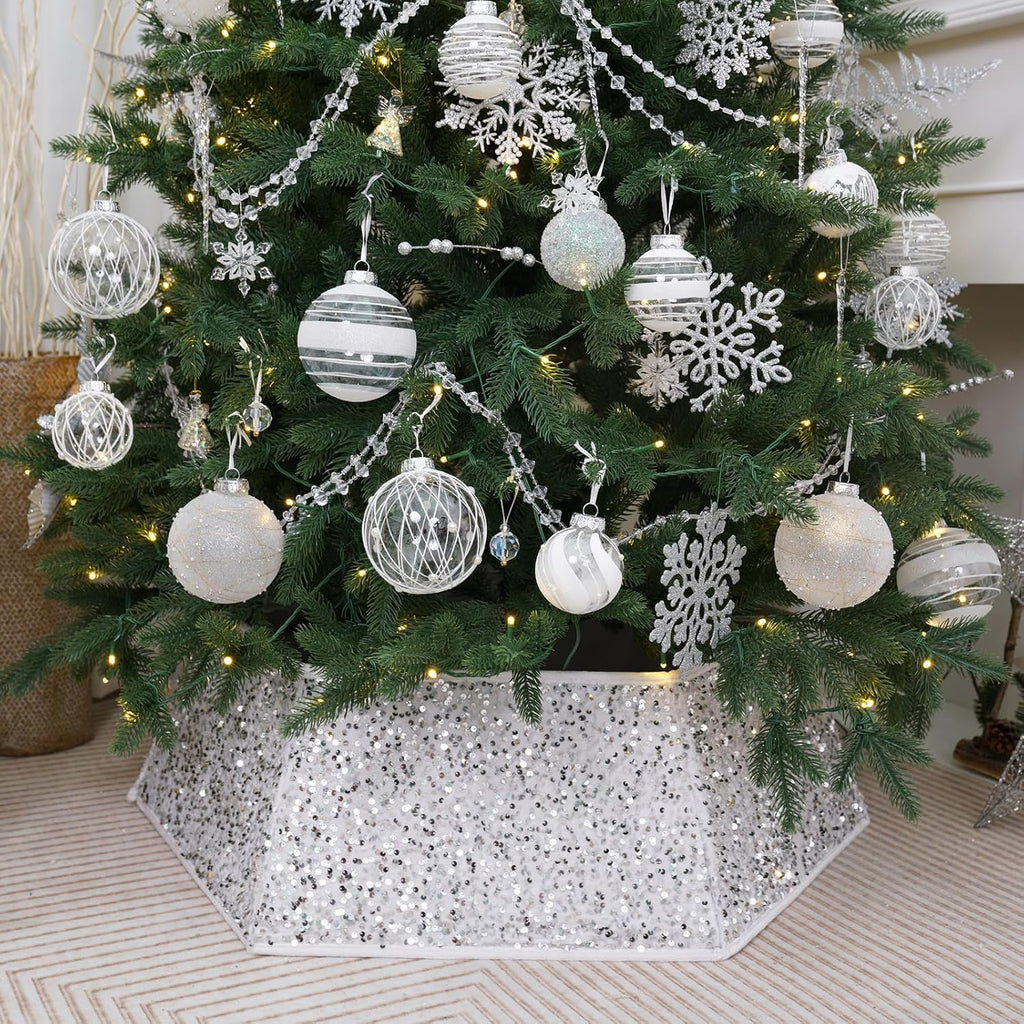 Collar de árbol de Navidad blanco con lentejuelas brillantes, collares para árboles de Navidad artificiales, falda de árbol de Navidad de 85 cm, cubierta de base para árbol de Navidad, anillo de árbol para decoración navideña (grande) 