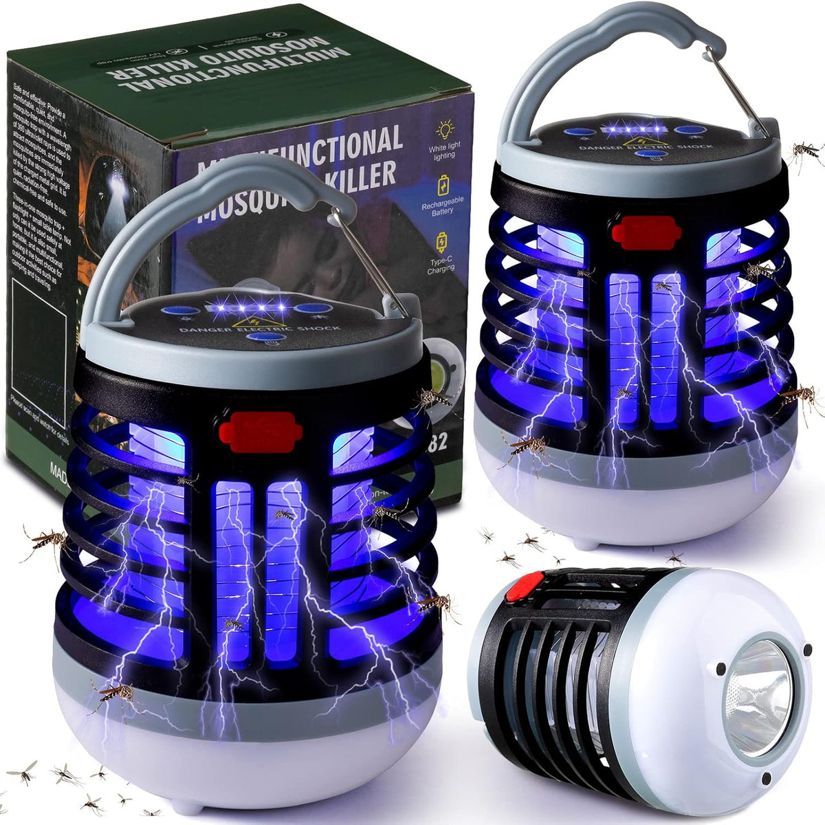 Paquete de 2 matamosquitos 3 en 1 recargables con luz LED y SOS