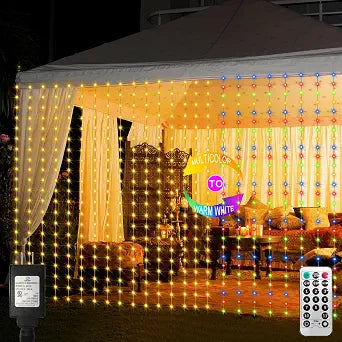 Luces Cortina LED echosari 600 LEDs 20x10 Pies – Doble Color Blanco Cálido y Multicolor | Exterior