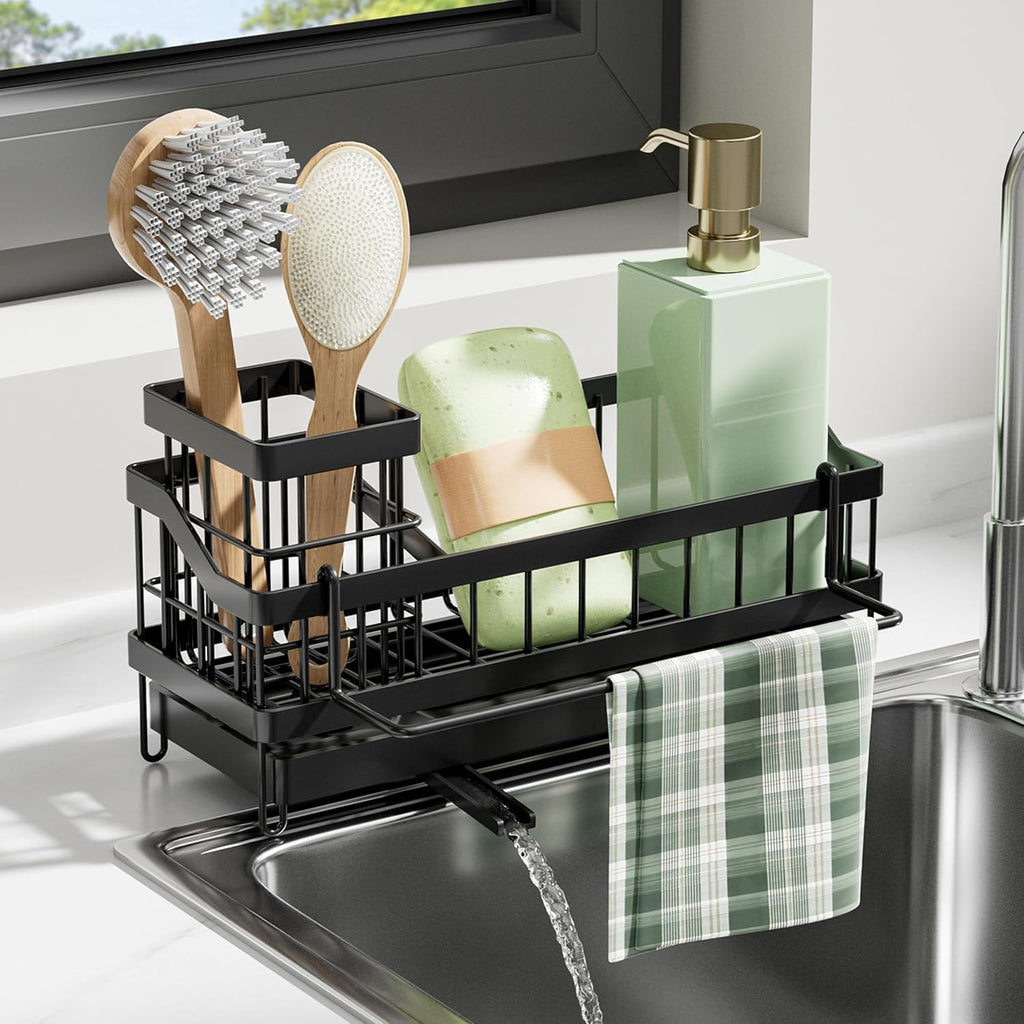 jeosisy Kitchen Sink Caddy Organizer-Sponge Holder for Kitchen Sink with Brush Holder,Kitchen Organizer Countertop Rustproof, Multi-functional Soap Dispenser,Bath Organizers and Storage Accessories