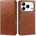 SHIELDON Funda Tipo Billetera de Cuero Genuino para iPhone 17 Pro 6.3 pulgadas 2025 | Cierre Magnetico, Bloqueo RFID, Soporte | Antigolpes (Cafe Retro)