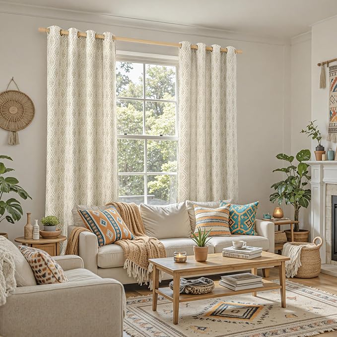 BGment - Cortinas de jacquard beige con hojas para sala de estar, patrón botánico de estilo campestre francés, cortinas de lino vintage boho semitransparentes de estilo cottage core, decorativas