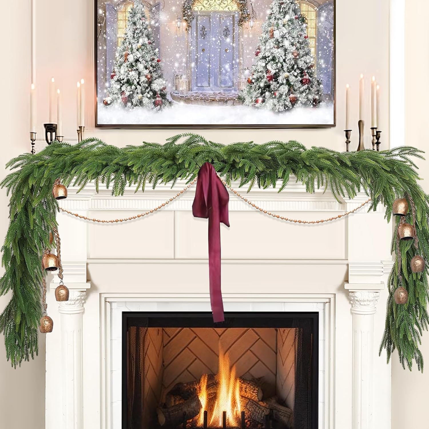 Christmas Decorations - 2pcs Christmas Garlands - 12ft(2 * 6ft) Norfolk Pine Garland Artificial Greenery Xmas Holiday Decor for Indoor Home Fireplace Mantle Table Stairs Railing Porch Door Farmhouse
