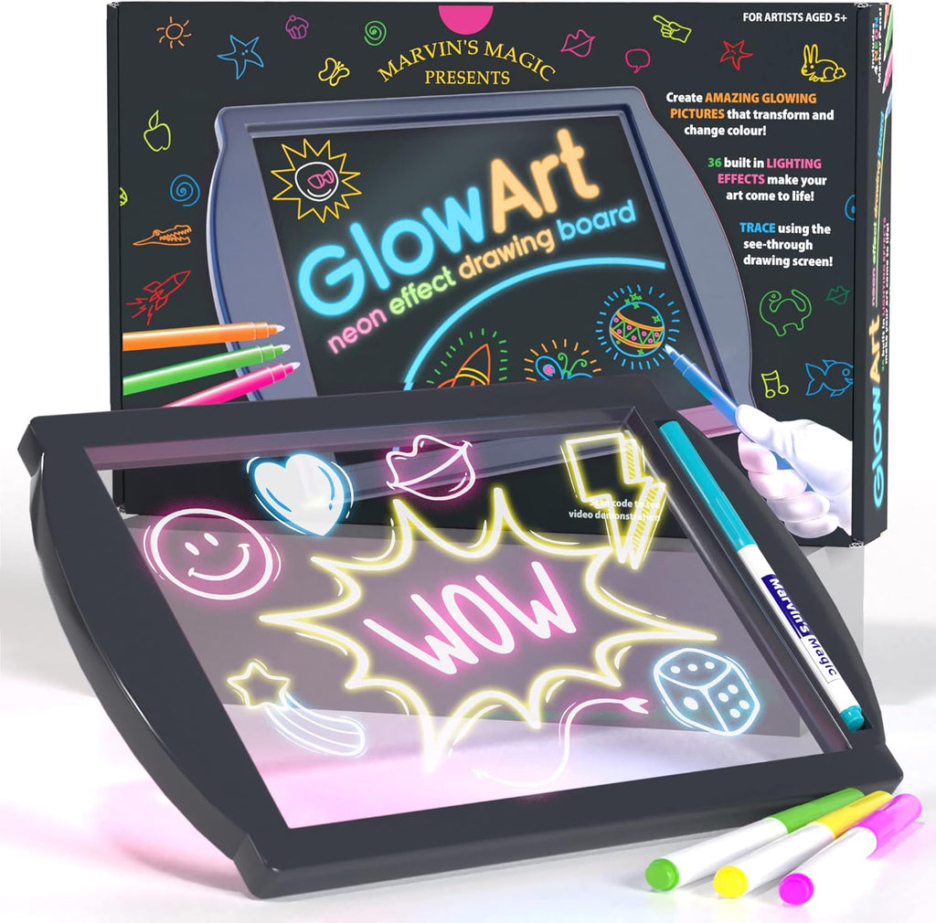 Marvin's Magic - Glow Art - Tablero de dibujo LED para niños - Bloc de dibujo iluminado, con rotuladores que brillan en la oscuridad - Tableta de dibujo mágica a batería - Bloc de trazado iluminado apto para niños de 5 años o más 