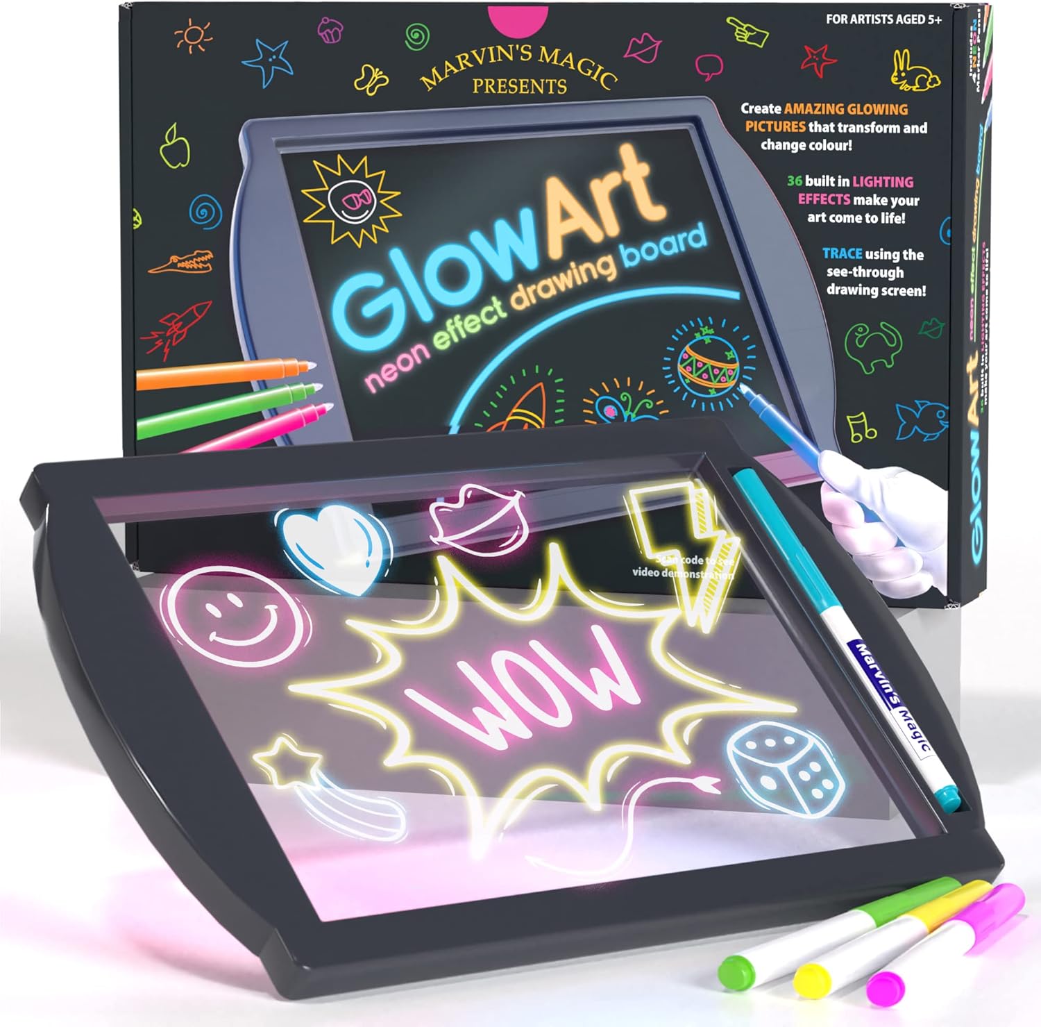 Marvin's Magic - Glow Art - Tablero de dibujo LED para niños - Bloc de dibujo iluminado, con rotuladores que brillan en la oscuridad - Tableta de dibujo mágica a batería - Bloc de trazado iluminado apto para niños de 5 años o más 