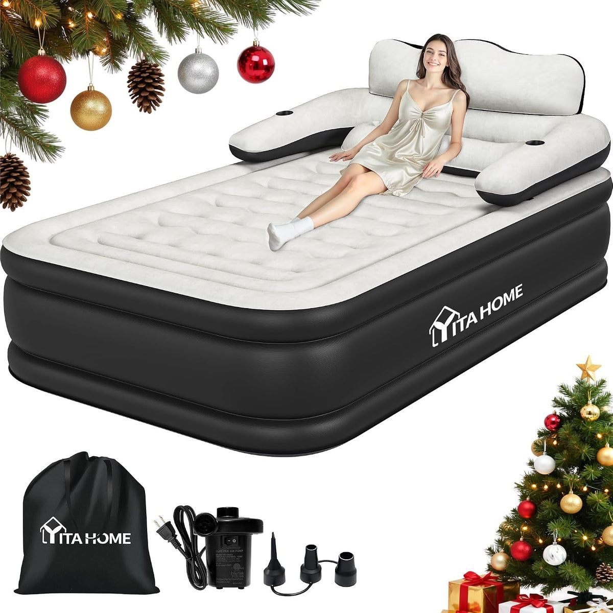 VIENE SIN ACCESORIOS Colchón Inflable YITAHOME Full XL con Cabecera y Bomba | 46cm de Alto | Con Bolsa de Transporte y Boquillas | Para Hogar, Camping y Viaje | Negro