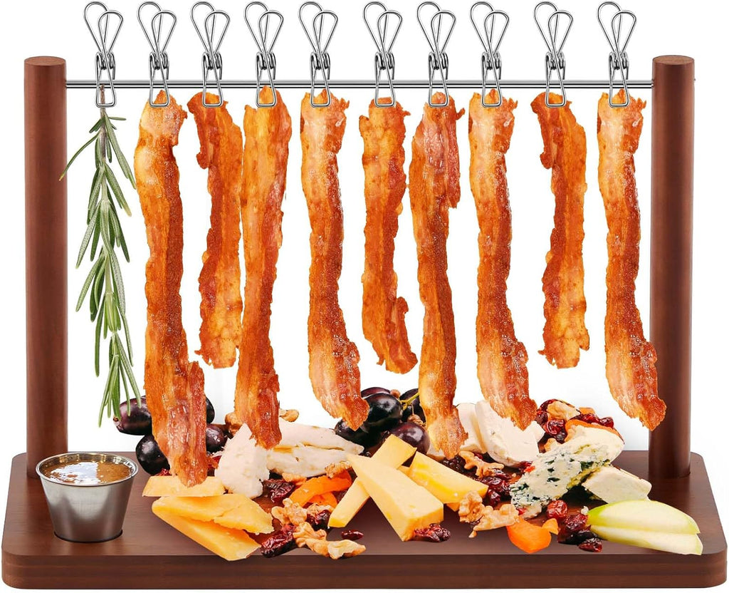 Wonderjune Estante Exhibidor de Tocino en Acacia 16'' – Bandeja Colgante para Servir Carnes, Bodas y Fiestas
