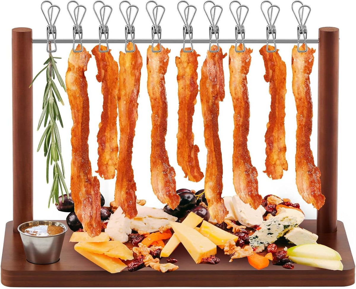 Wonderjune Estante Exhibidor de Tocino en Acacia 16'' – Bandeja Colgante para Servir Carnes, Bodas y Fiestas