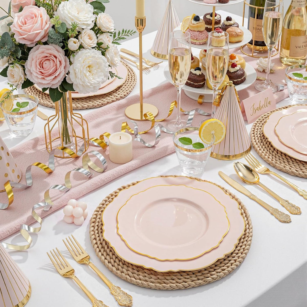 WDF 100 platos desechables de oro rosa, platos barrocos transparentes y de oro rosa para el día de la madre, fiestas o bodas, incluyendo 50 platos llanos de 10.25 pulgadas y 50 platos de ensalada