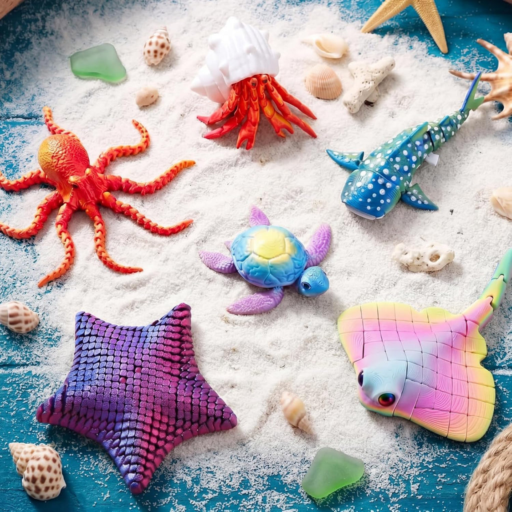 Teyva Daily 6 piezas Estrella de mar impresa en 3D Animales marinos impresos en 3D Fidget flexible Animales antiestrés Divertidos Bolsas de regalo Decoración Regalo educativo único para recuerdos de fiestas de cumpleaños (Animal marino)