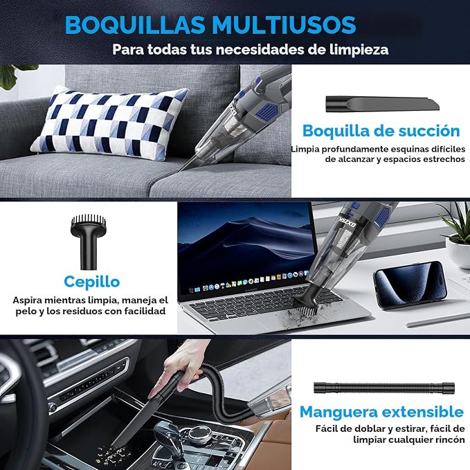 Aspiradora Portátil Inalámbrica Gxzsk 15000PA | Recargable | Multi-Boquillas | Hogar, Auto y Mascotas