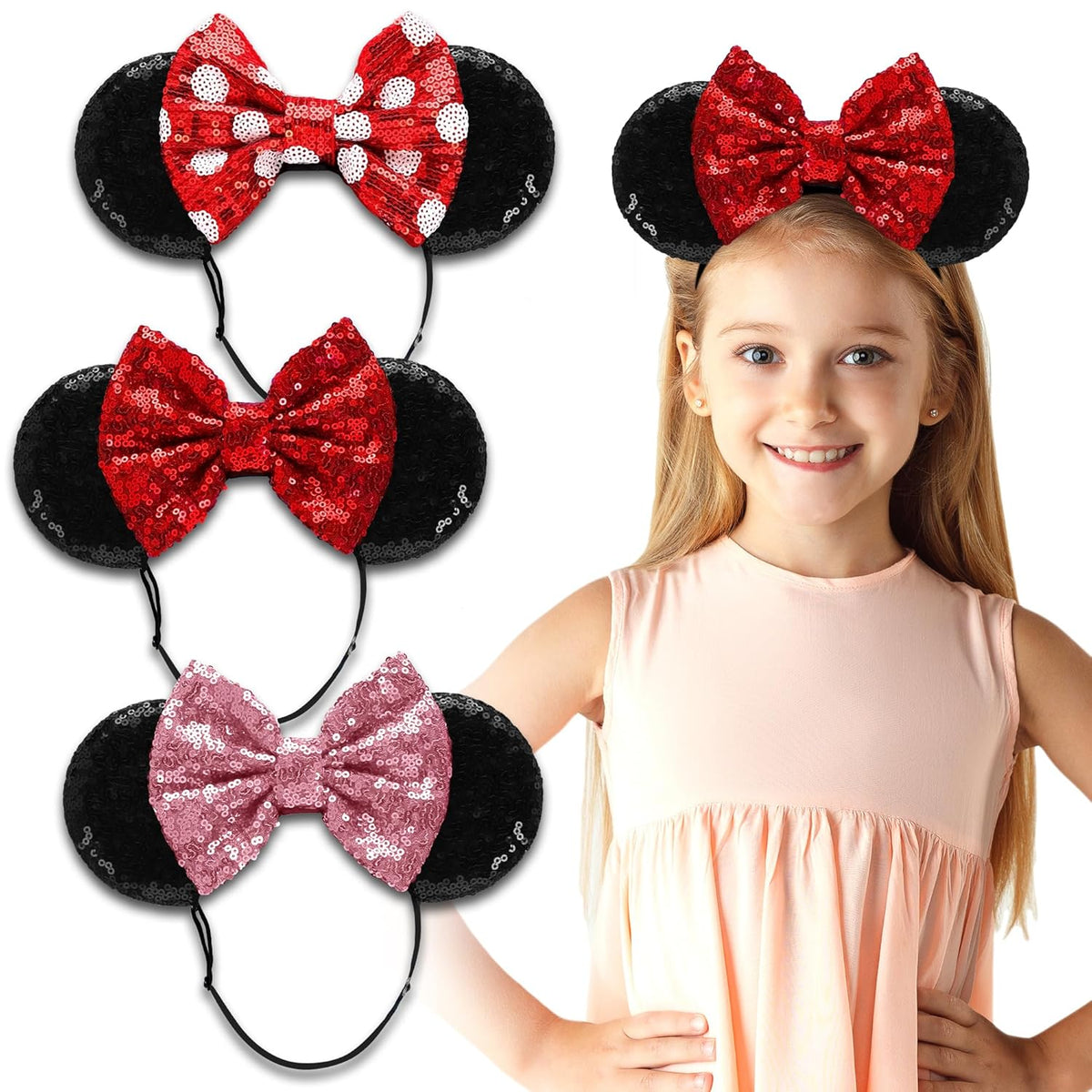 Diademas Minnie Bow SAMARKAND con Lentejuelas Brillantes | Elasticas Ajustables Orejas de Raton para Ninas y Mujeres