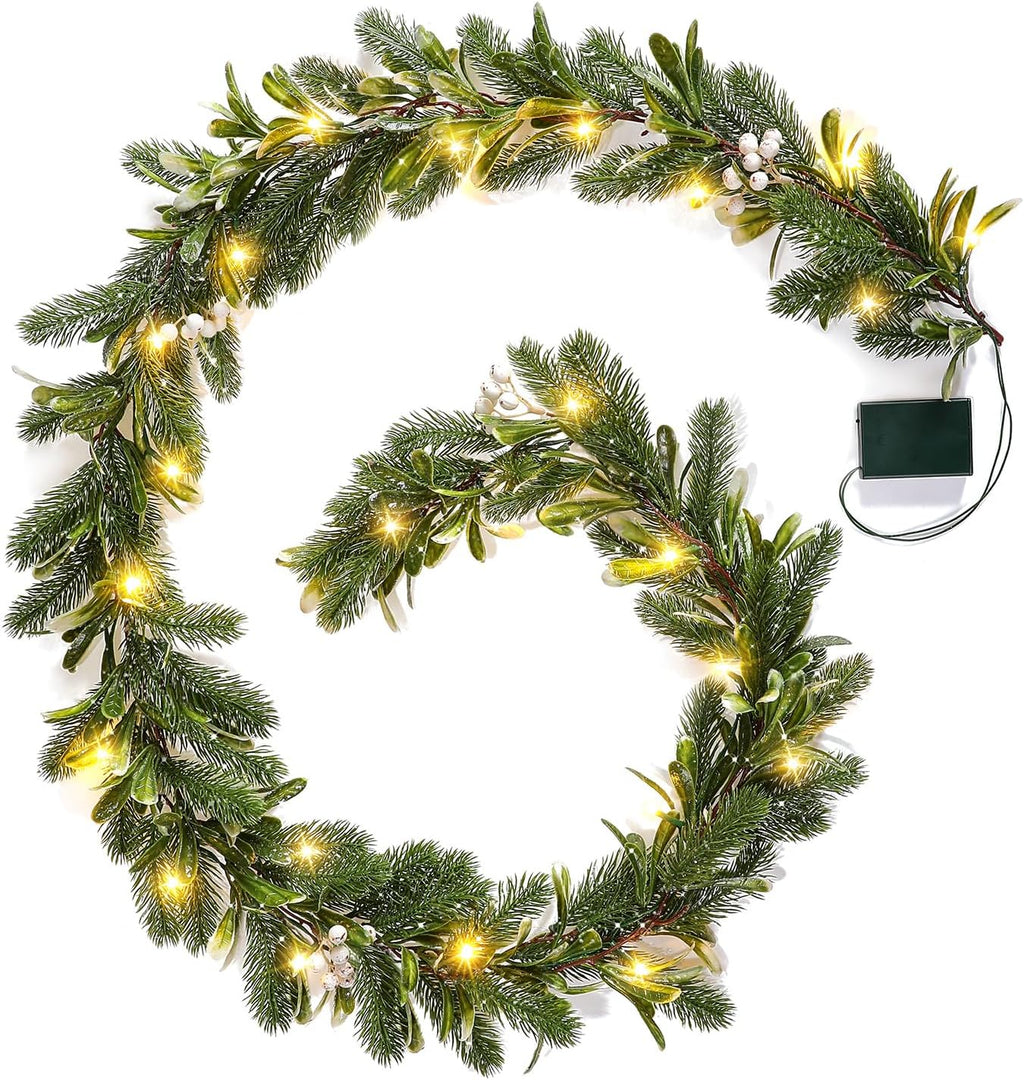 Guirnalda Navidena de Pino 6 Pies con Luces LED y Bayas – A Pilas con Temporizador