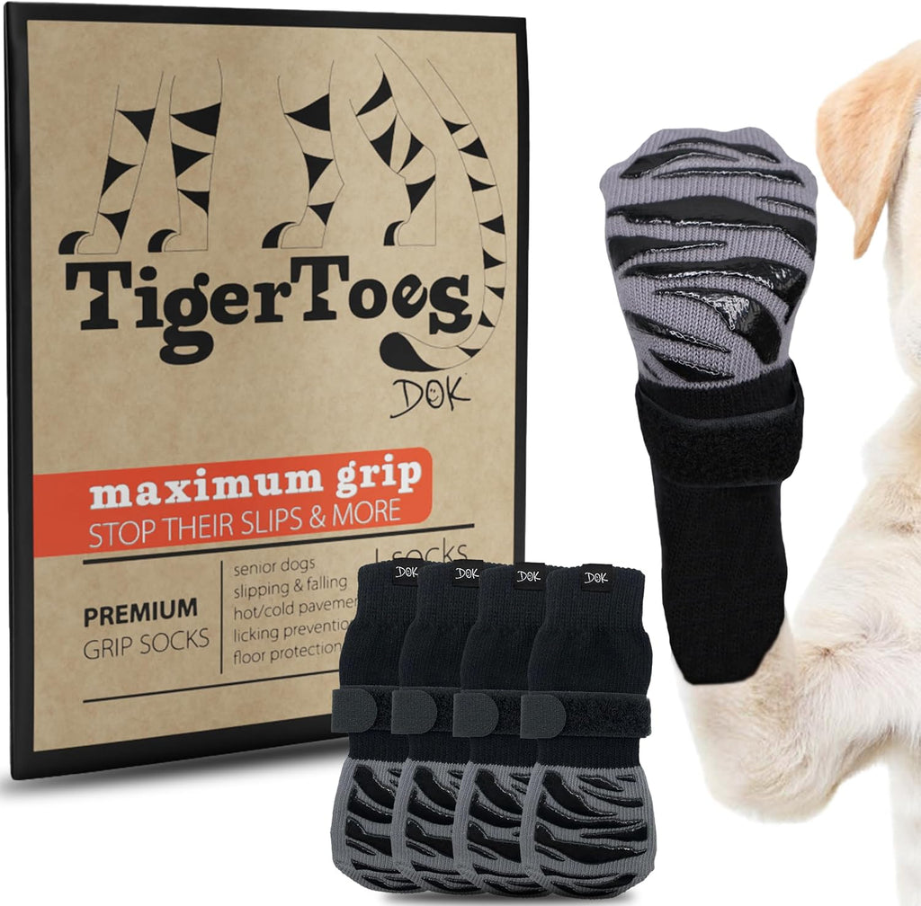 Calcetines antideslizantes premium DOK TigerToes para perros, ideales para suelos de madera: agarre extragrueso que funciona incluso al torcerse. Evitan que el perro se lama, resbale y protegen las patas. Talla grande.