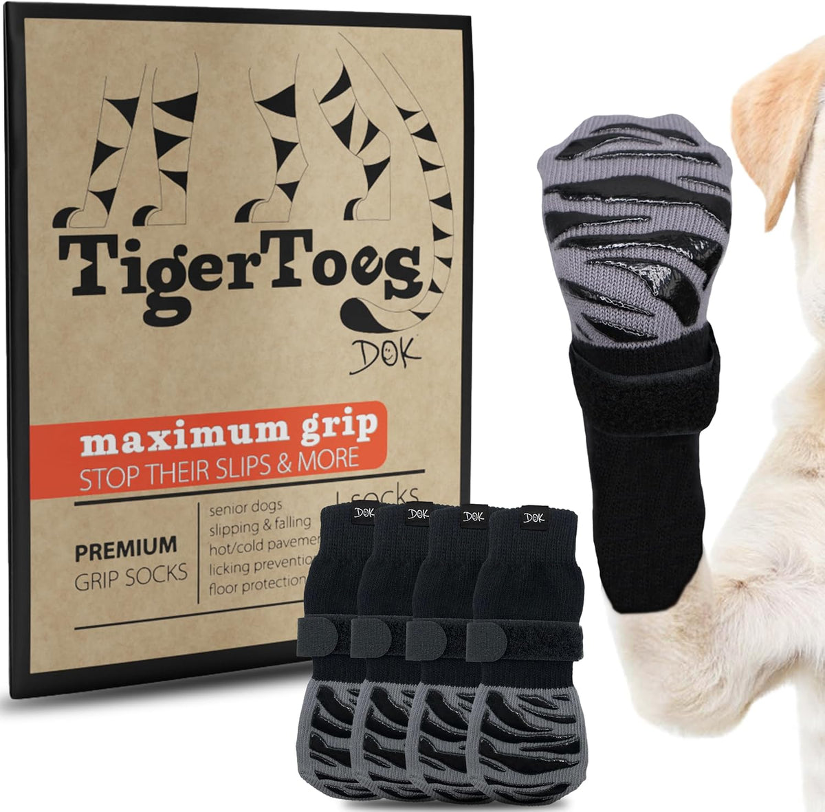 Calcetines antideslizantes premium DOK TigerToes para perros, ideales para suelos de madera: agarre extragrueso que funciona incluso al torcerse. Evitan que el perro se lama, resbale y protegen las patas. Talla grande.