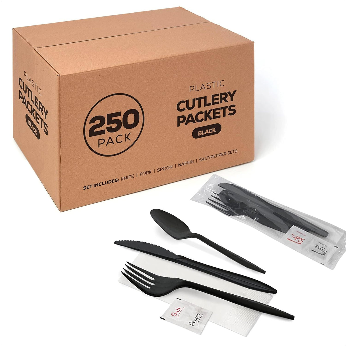 250 paquetes de cubiertos de plástico - Juegos de cuchillo, tenedor, cuchara, servilleta, sal y pimienta | Juegos de cubiertos negros, kits de cubiertos envueltos individualmente, juego de cubiertos de plástico desechables para llevar