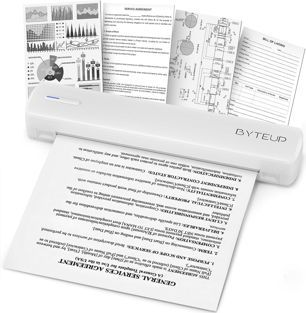 ByteUp C80 Portable Inkless Thermal Printer | Bluetooth Wireless, Compact Travel Printer for iOS/Android/PC | Ideal for Office, School, Tattoo Stencils & DIY Projects | Ink-Free, 8.5"x11" Letter Paper