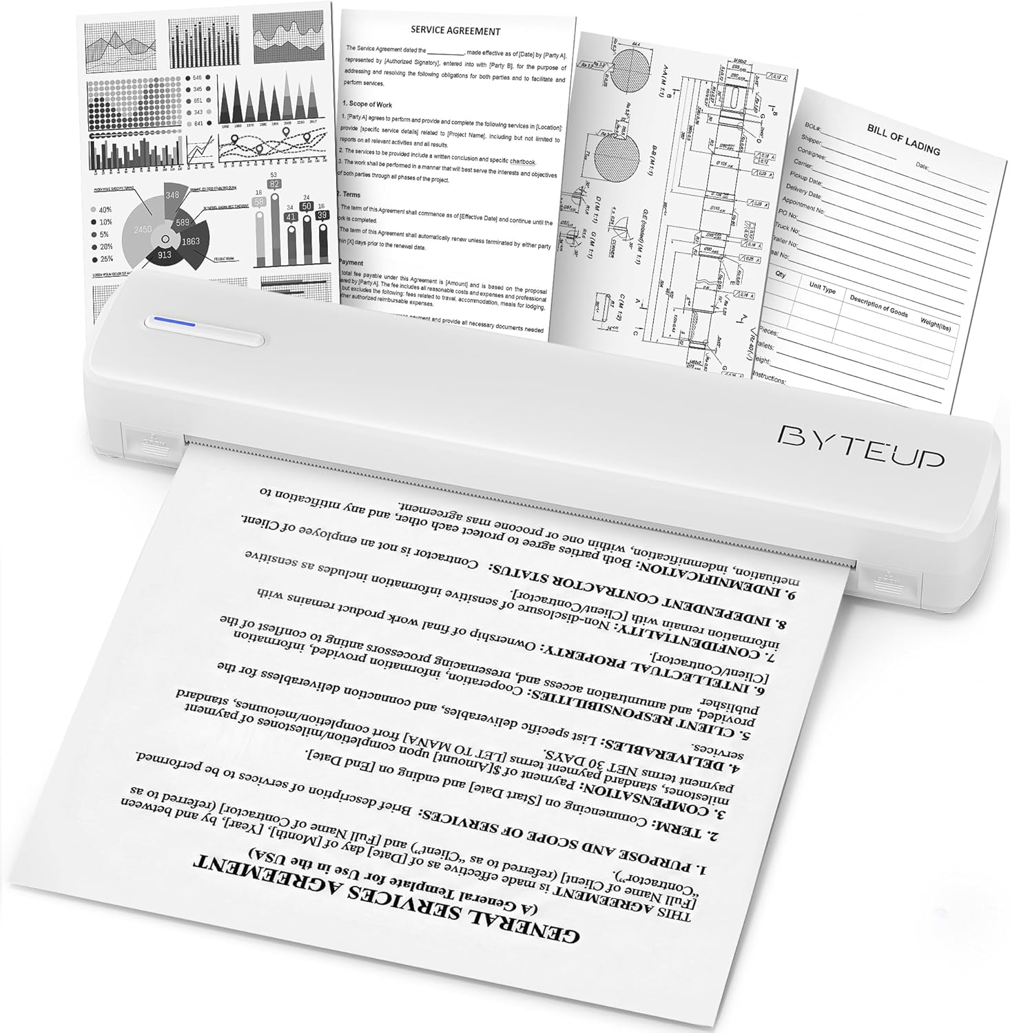 ByteUp C80 Portable Inkless Thermal Printer | Bluetooth Wireless, Compact Travel Printer for iOS/Android/PC | Ideal for Office, School, Tattoo Stencils & DIY Projects | Ink-Free, 8.5"x11" Letter Paper