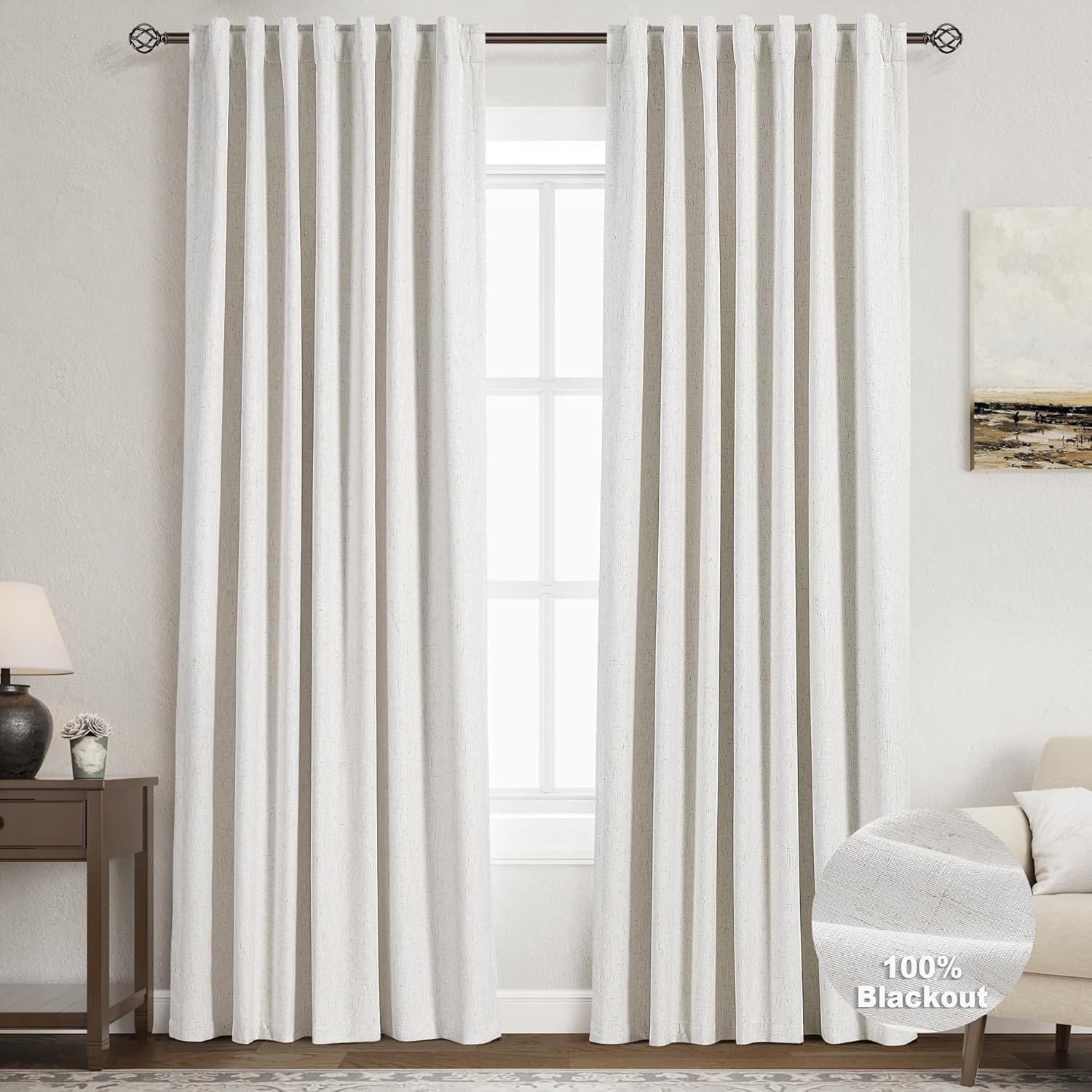Nanspring Cream Linen 100% Blackout Curtains 84 Inch Length 2 Panels Set for Bedroom Back Tab Neutral Boho Farmhouse Decor Black Out Curtain for Living Room Office Thermal Insulated Drapes 52x84