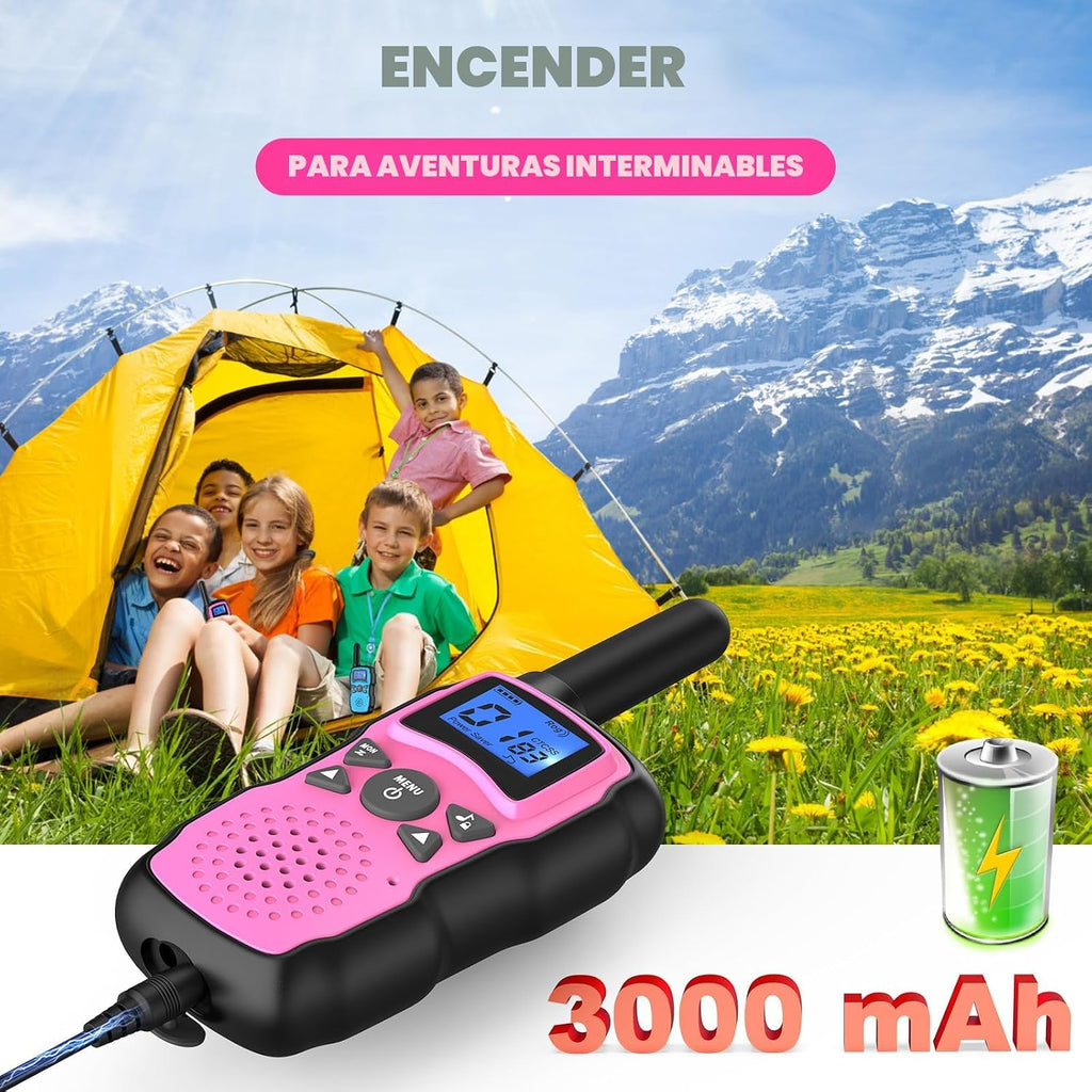 Wishouse Walkie Talkies para Niños Recargables 2 Pack | Batería 6000mAh, Linterna y Correa | Rosa y Morado | Regalo Ideal