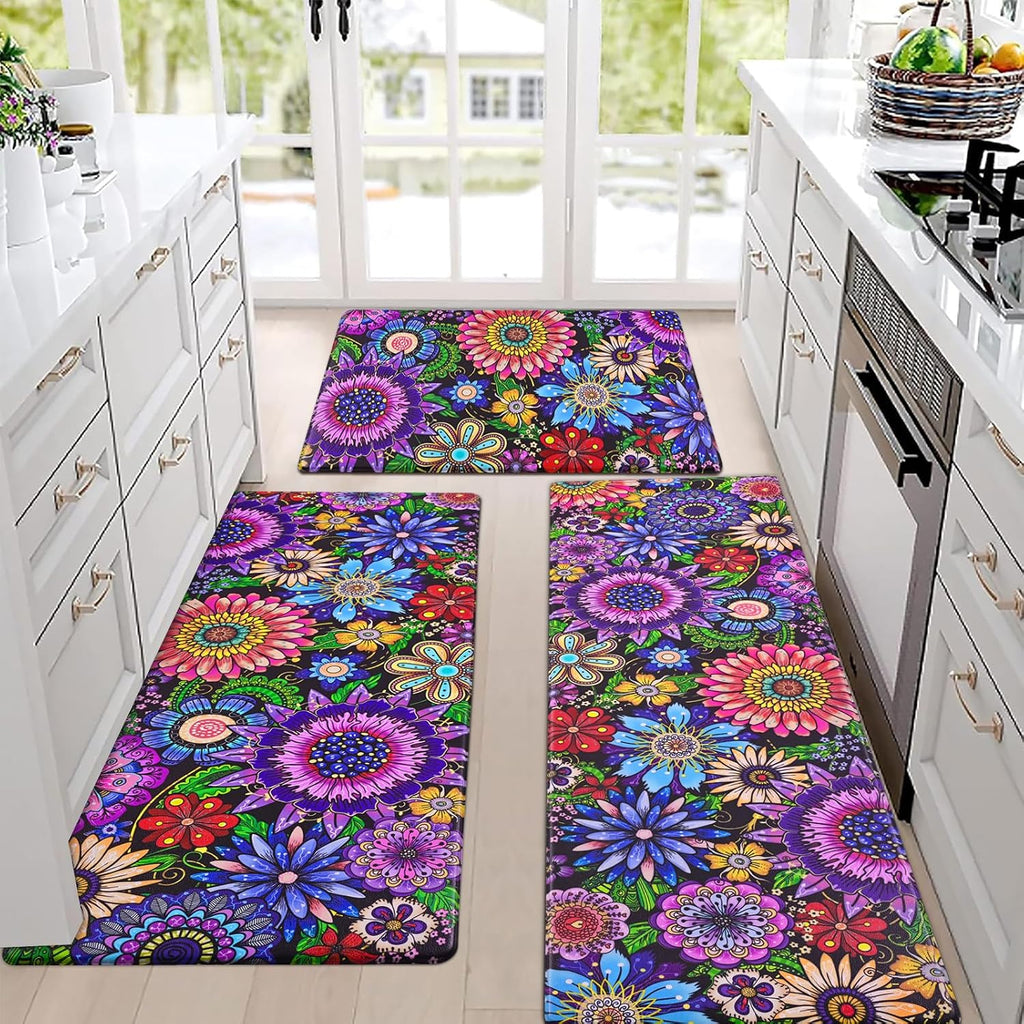 Alfombras de cocina Likiyol Boho, tapete de cocina antifatiga floral bohemio para el suelo, tapetes de cocina lavables antideslizantes con flores bohemias, tapete cómodo para estar de pie, 18''x30''+18''x48''+18''x60'', Floral
