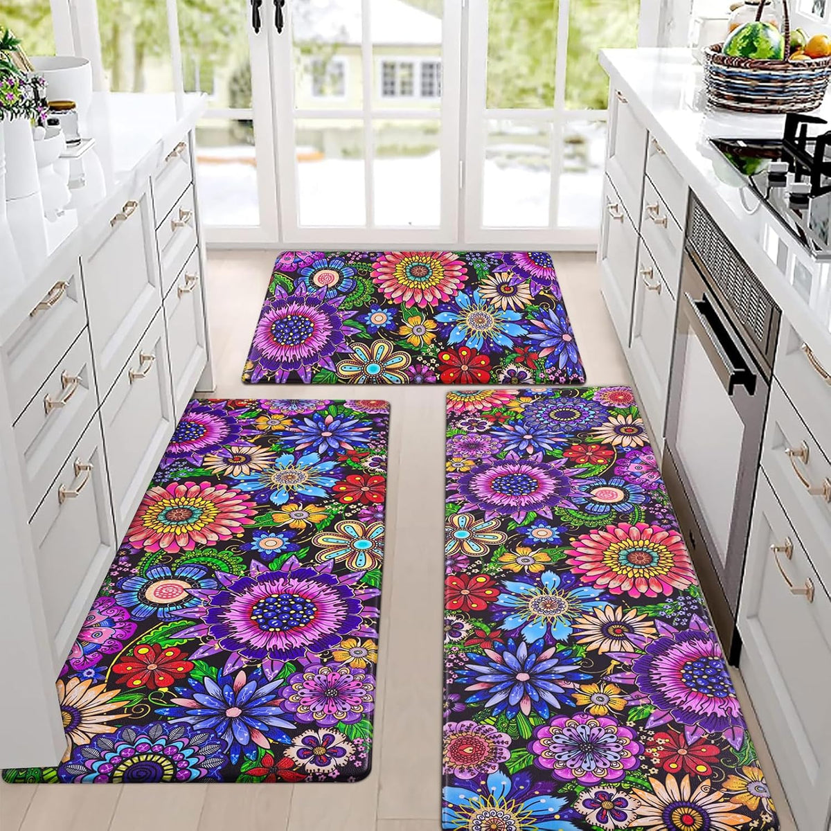 Alfombras de cocina Likiyol Boho, tapete de cocina antifatiga floral bohemio para el suelo, tapetes de cocina lavables antideslizantes con flores bohemias, tapete cómodo para estar de pie, 18''x30''+18''x48''+18''x60'', Floral