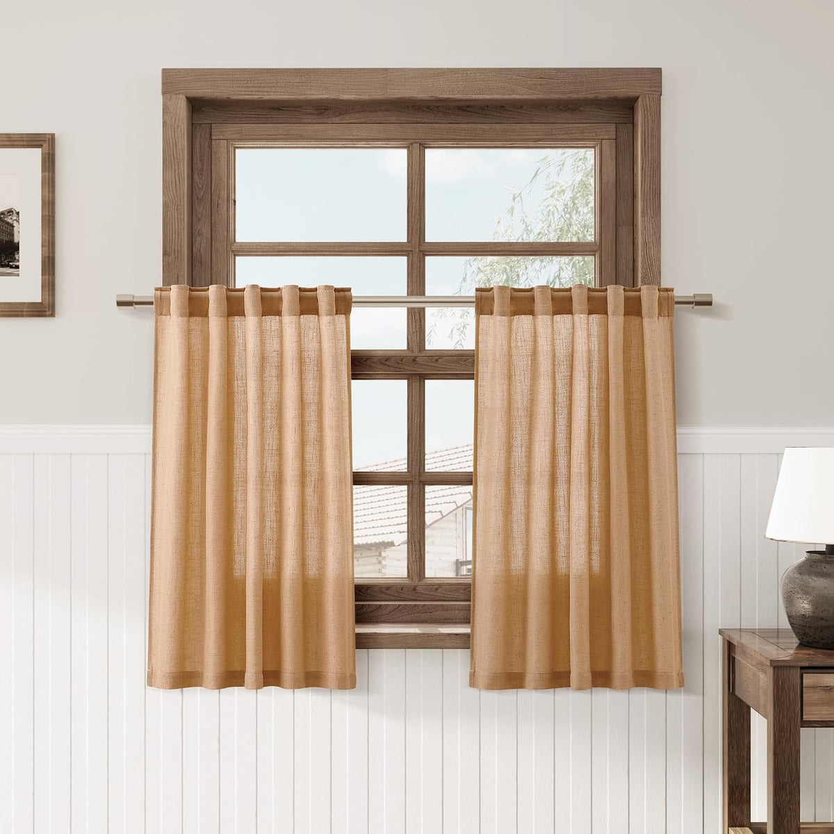 Cortinas de Lino para Cocina 30 Pulgadas – 2 Paneles Semitransparentes Color Camel, Back Tab y Rod Pocket para Ventanas Pequeñas