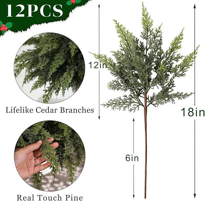 Juxdp Ramas de cedro de Navidad Real Touch, 18 pulgadas, ramas de cedro artificiales, plantas de vegetación sintética, tallos de pino falsos para jarrón, manualidades, guirnalda, corona, decoración