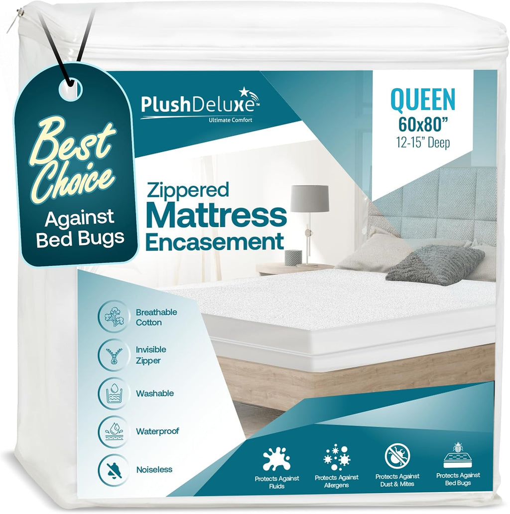 Funda de Colchón Impermeable PlushDeluxe Premium 100% | Superficie de Rizo de Algodón Transpirable | Bolsillo Profundo 12-15 pulgadas | Queen 60x80