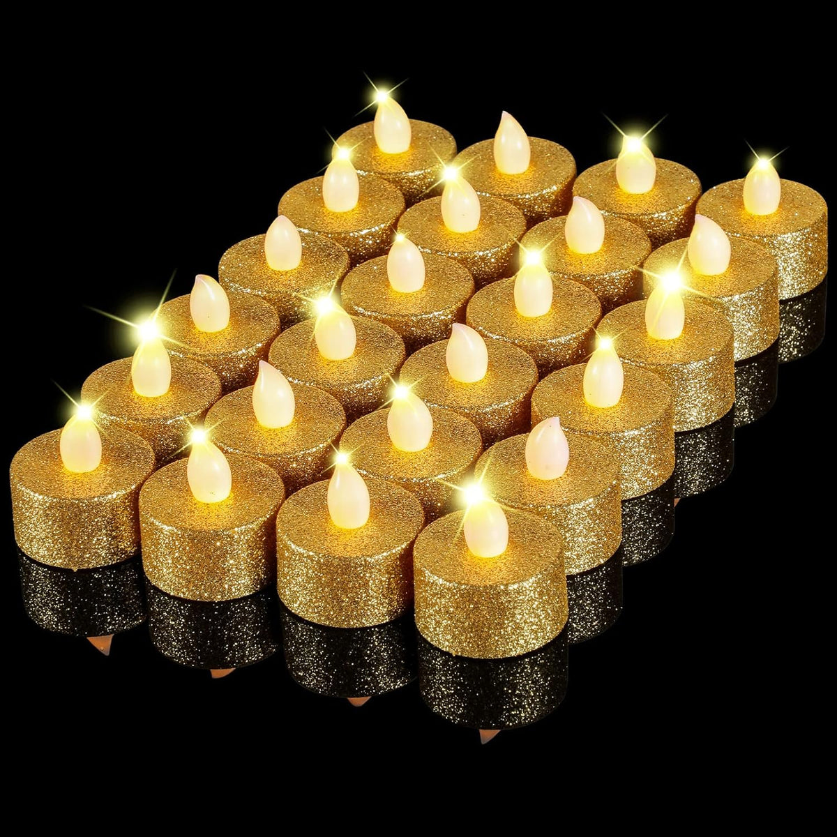 Set Mudder 24 Velas LED Tealight Doradas | Velas Sin Llama a Pilas con Brillo, Luces Votivas para Bodas, Cumpleaños, Fiestas y Decoración del Hogar