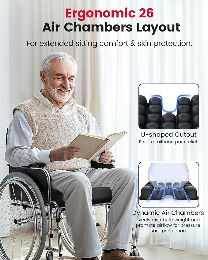 Cojín inflable para silla de ruedas para úlceras y úlceras, ergonómico en forma de U para aliviar el dolor de coxis, tela impermeable, base antideslizante
