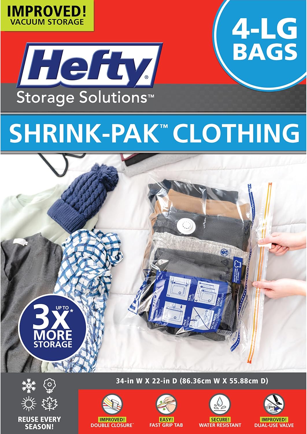 Bolsas de almacenamiento al vacío Hefty Shrink-Pak - 4 bolsas grandes para ropa, almohadas, toallas o mantas - Bolsas de sellado al vacío que ahorran espacio, ideales para guardar debajo de la cama.
