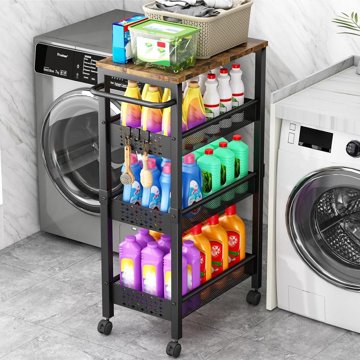 Carrito Organizador Delgado Vivihomety con Ruedas | Estante Rodante Estrecho de 4 Niveles con Tapa de Madera | Organizador para Baño, Cocina y Lavandería