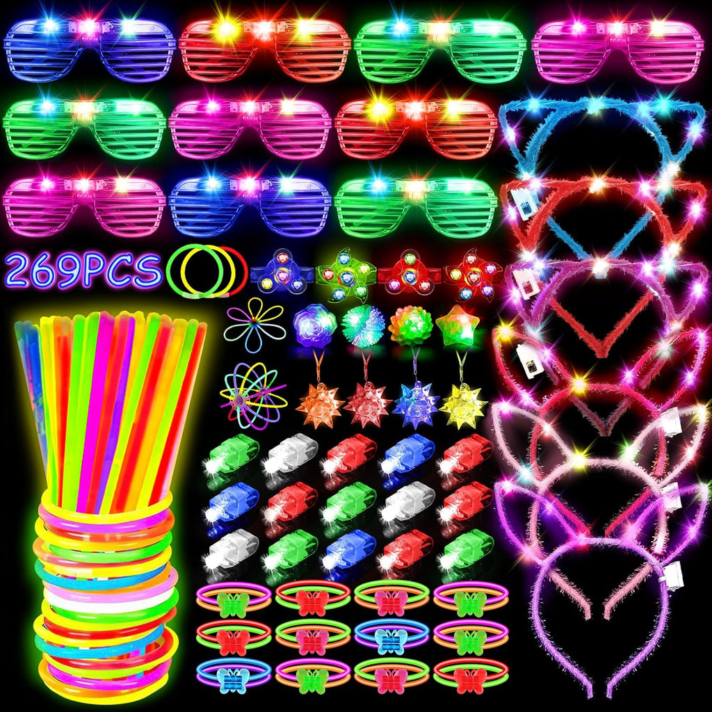 MIBOTE 269 piezas de juguetes luminosos LED para fiestas, artículos que brillan en la oscuridad para niños y adultos, con gafas luminosas, diadema, anillos, pulseras, 100 barras luminosas, paquete a granel para fiestas, artículos de fiesta neón luminosos