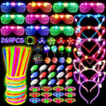 MIBOTE 269 piezas de juguetes luminosos LED para fiestas, artículos que brillan en la oscuridad para niños y adultos, con gafas luminosas, diadema, anillos, pulseras, 100 barras luminosas, paquete a granel para fiestas, artículos de fiesta neón luminosos
