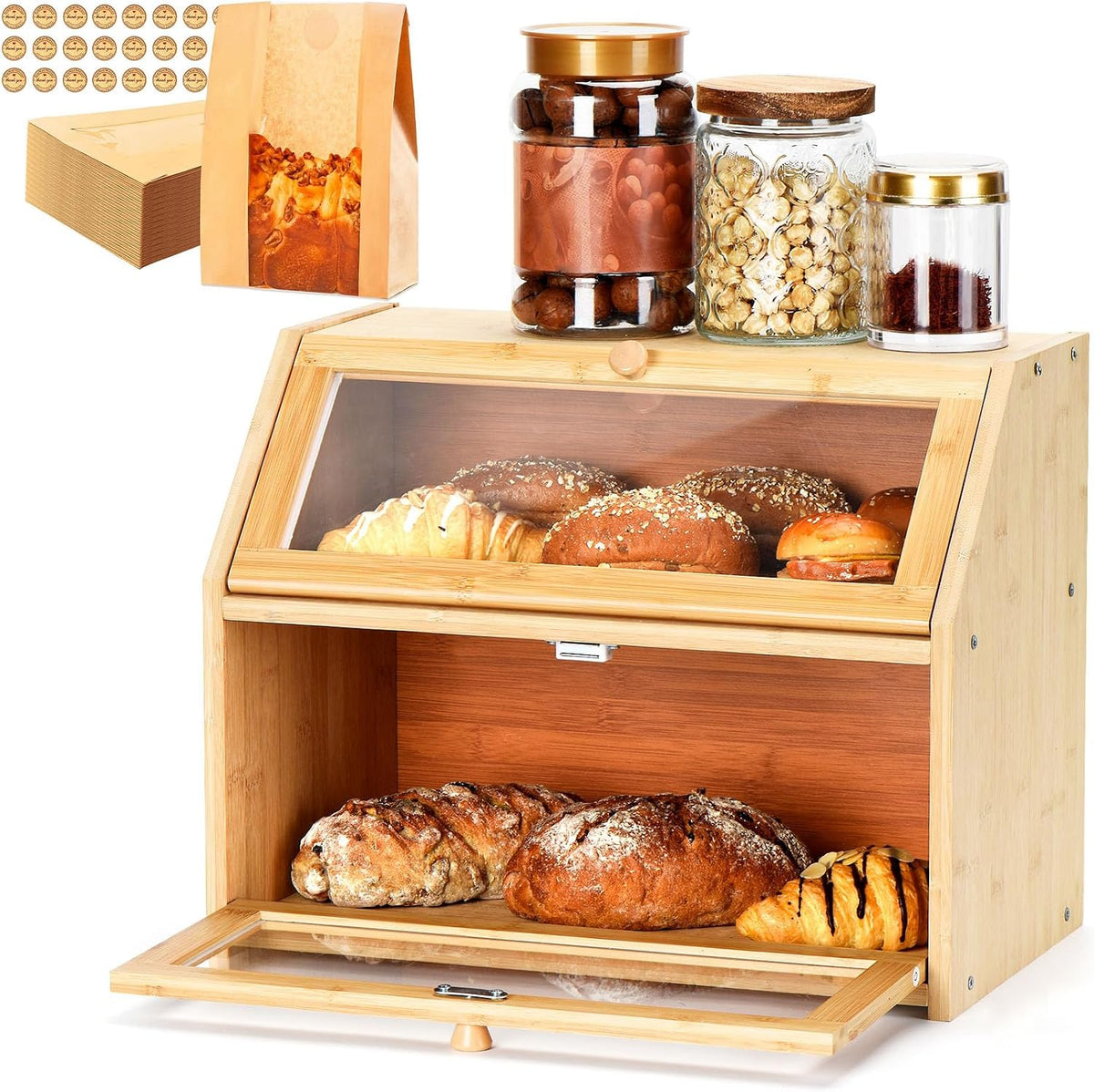 Panera Wcatea para encimera de cocina, caja grande de bambú de doble capa para almacenar pan con puerta transparente, incluye 20 bolsas para pan y etiquetas, organizador de almacenamiento de cocina estilo rústico (bambú natural).