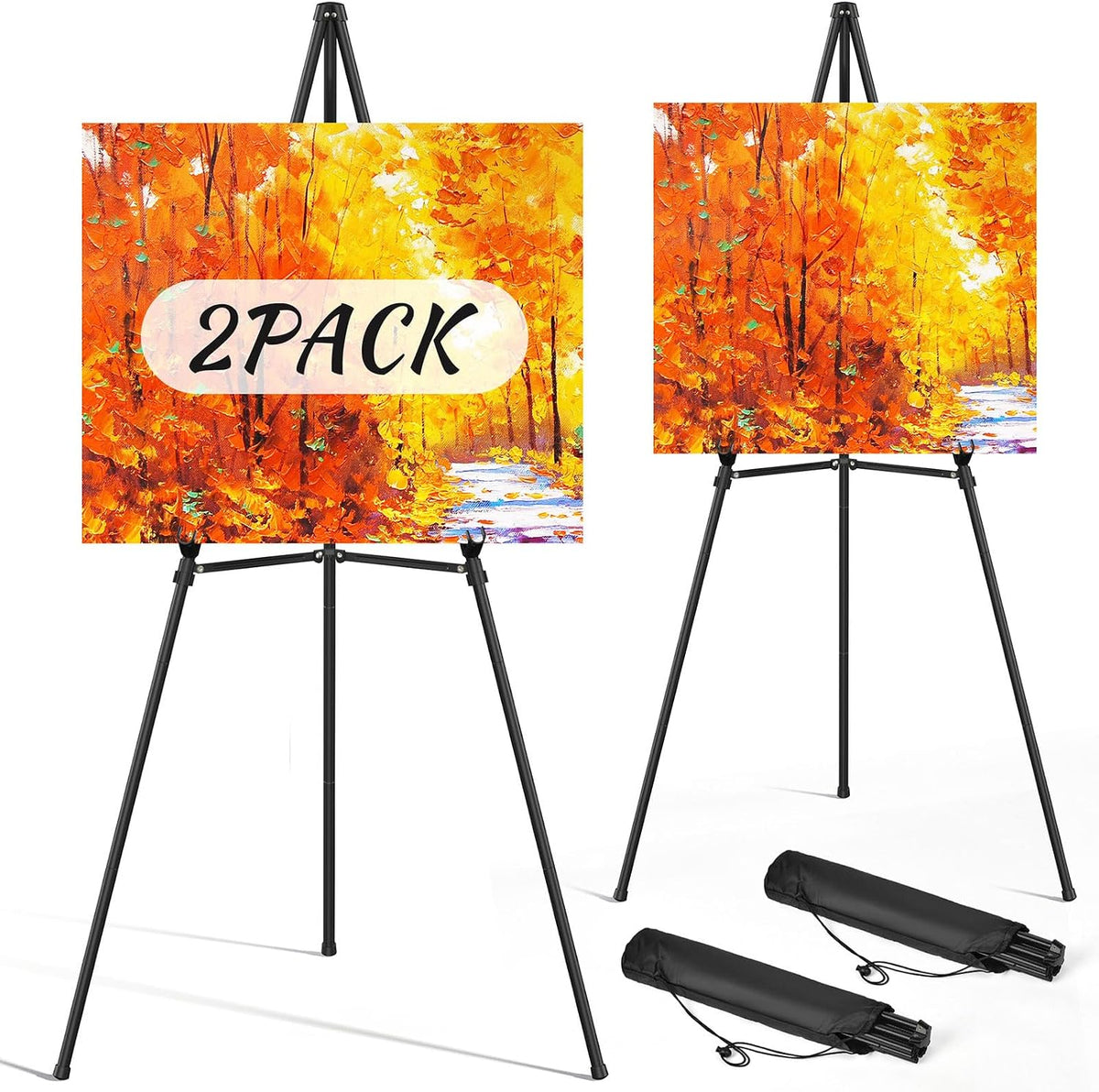 Caballete portátil para letreros, caballete de arte de 66" para pintura, caballetes metálicos ajustables para exhibición, letreros de boda, carteles - Negro (paquete de 2)