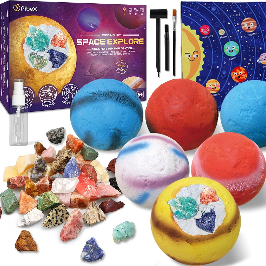 PIBEX Gemstone Dig Kit, Dig up 30 Rocks & Minerals from 6 Solar System Planets, Archaeology Geology Science Experiment Activity Set, Space Explore Mining Toy for Kids, Gift for Boys & Girls Age 6