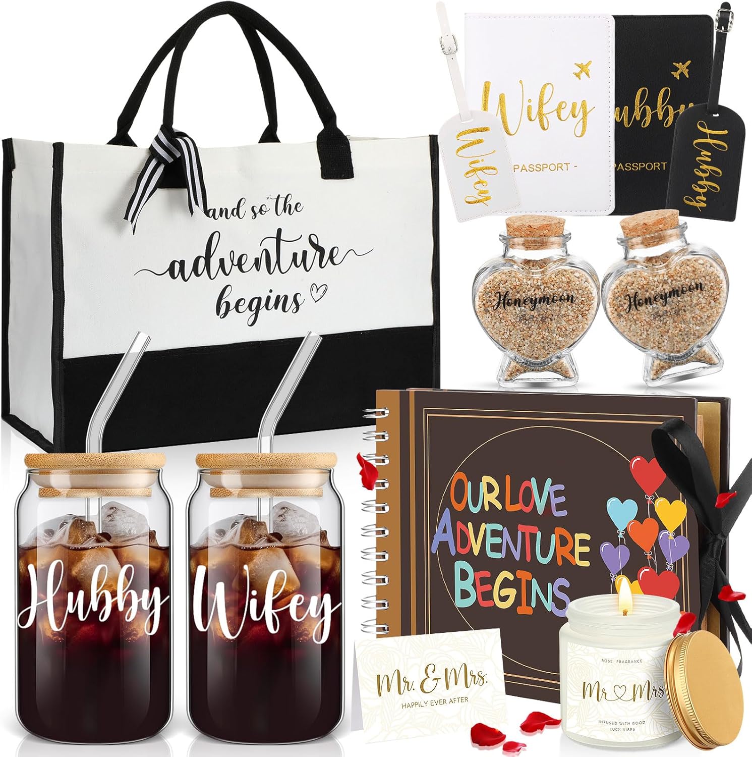 Singhoow 12 Pcs Wedding Honeymoon Gifts for Couple Mr Mrs Bridal Shower Engagement Gifts with Glass Adventure Book Scrapbook Passport Holder Baggage Tags Jar Tote Bag (Wifey and Hubby)