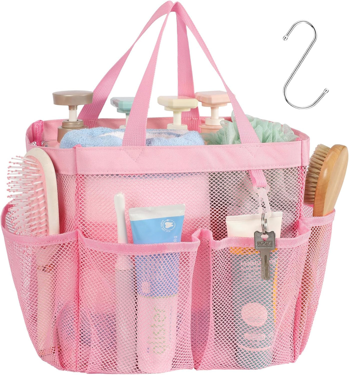 Organizador de Ducha Portatil F-color 7 Bolsillos — Malla de Secado Rápido con Asa y Gancho S, Rosa