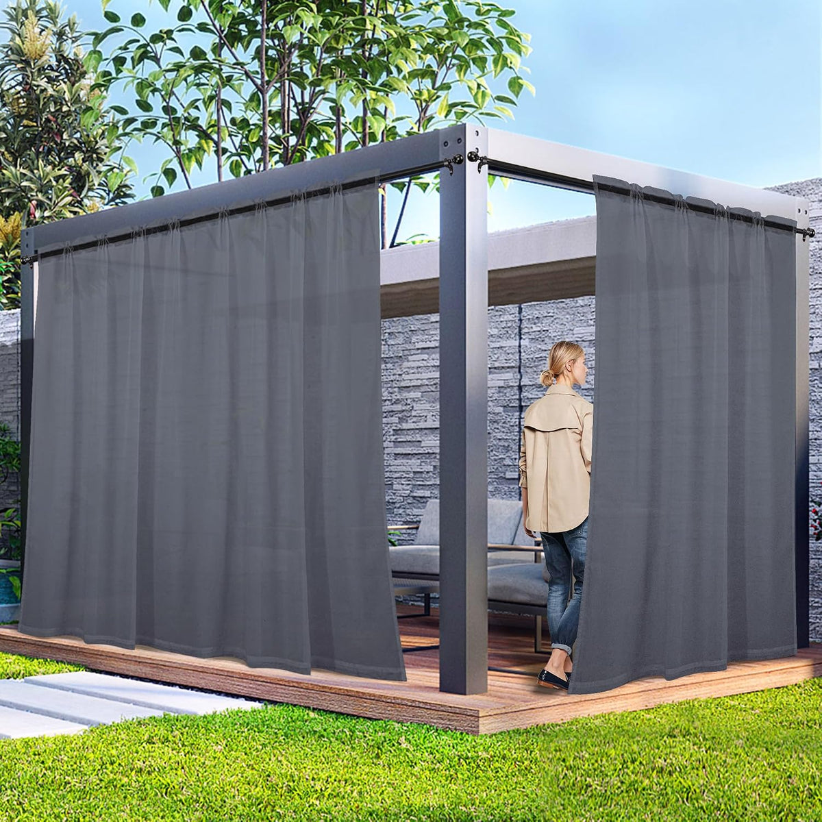 Cortinas transparentes para exteriores Laseniewa de 4 paneles para patio, cortinas blancas impermeables para privacidad en patio, cortinas para interiores y exteriores para cenador, pérgola, balcón, piscina, spa, 52 x 84 pulgadas.