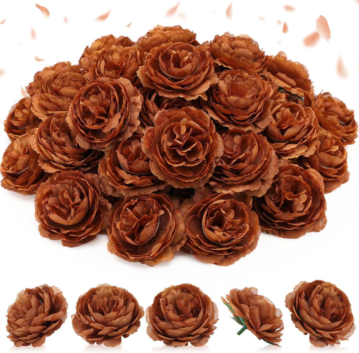 Thiccywoov 50 piezas de flores artificiales, cabezas de rosas de seda de 3.2 pulgadas, flores artificiales sin tallo para ramos de novia, decoración floral del hogar, centros de mesa, arreglos, decoración de mesas de fiesta (café)