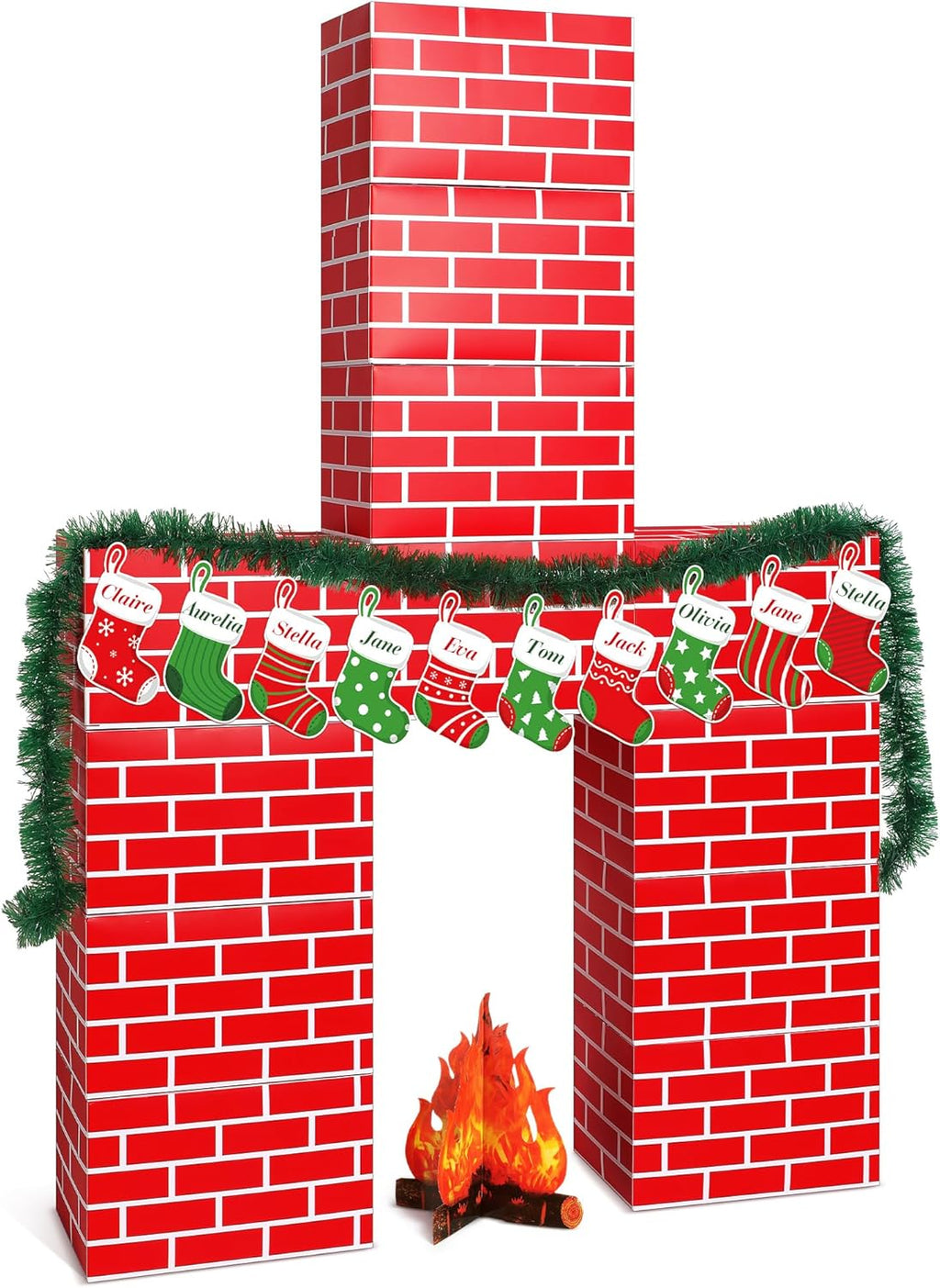 Fullhawl 34 Pcs 3D Christmas Cardboard Fireplace 39 x 59 Inch DIY Christmas Artificial Fireplace with Stocking 3D Fire Flame Prop Pine Garland Fake Fire Place Backdrop for Xmas Decor(Red Brick)