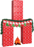 Fullhawl 34 Pcs 3D Christmas Cardboard Fireplace 39 x 59 Inch DIY Christmas Artificial Fireplace with Stocking 3D Fire Flame Prop Pine Garland Fake Fire Place Backdrop for Xmas Decor(Red Brick)