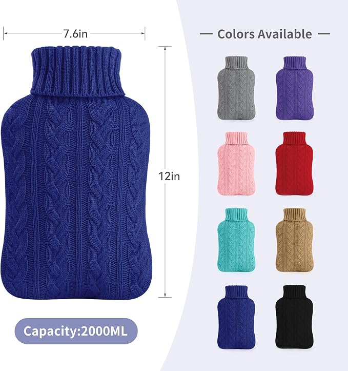 Samply - Bolsa de agua caliente con funda tejida de 2 L, bolsa de agua caliente para compresas frías y calientes, calentador de manos y pies, ideal para calambres menstruales, alivio del dolor