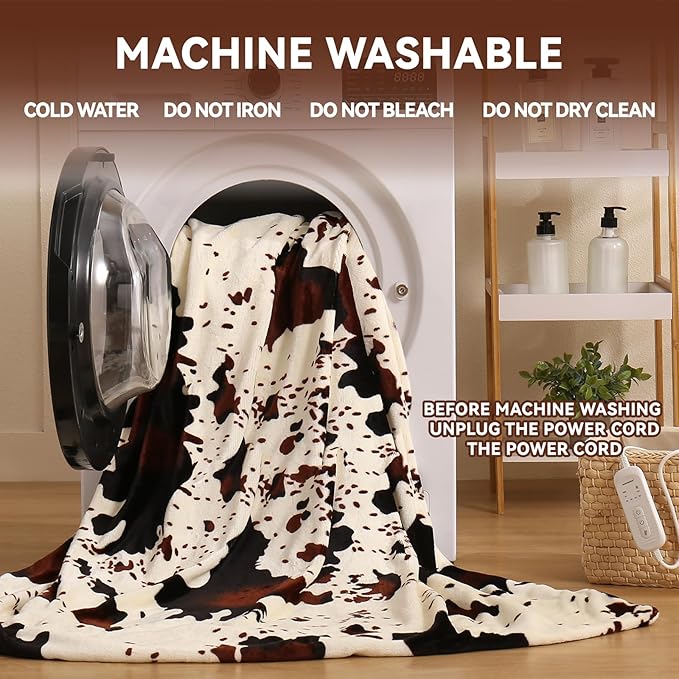 Manta eléctrica térmica con estampado de vaca, suave manta de calefacción occidental de 60 x 50 pulgadas, manta acogedora de calentamiento rápido, apagado automático de 1-10 horas, protección contra