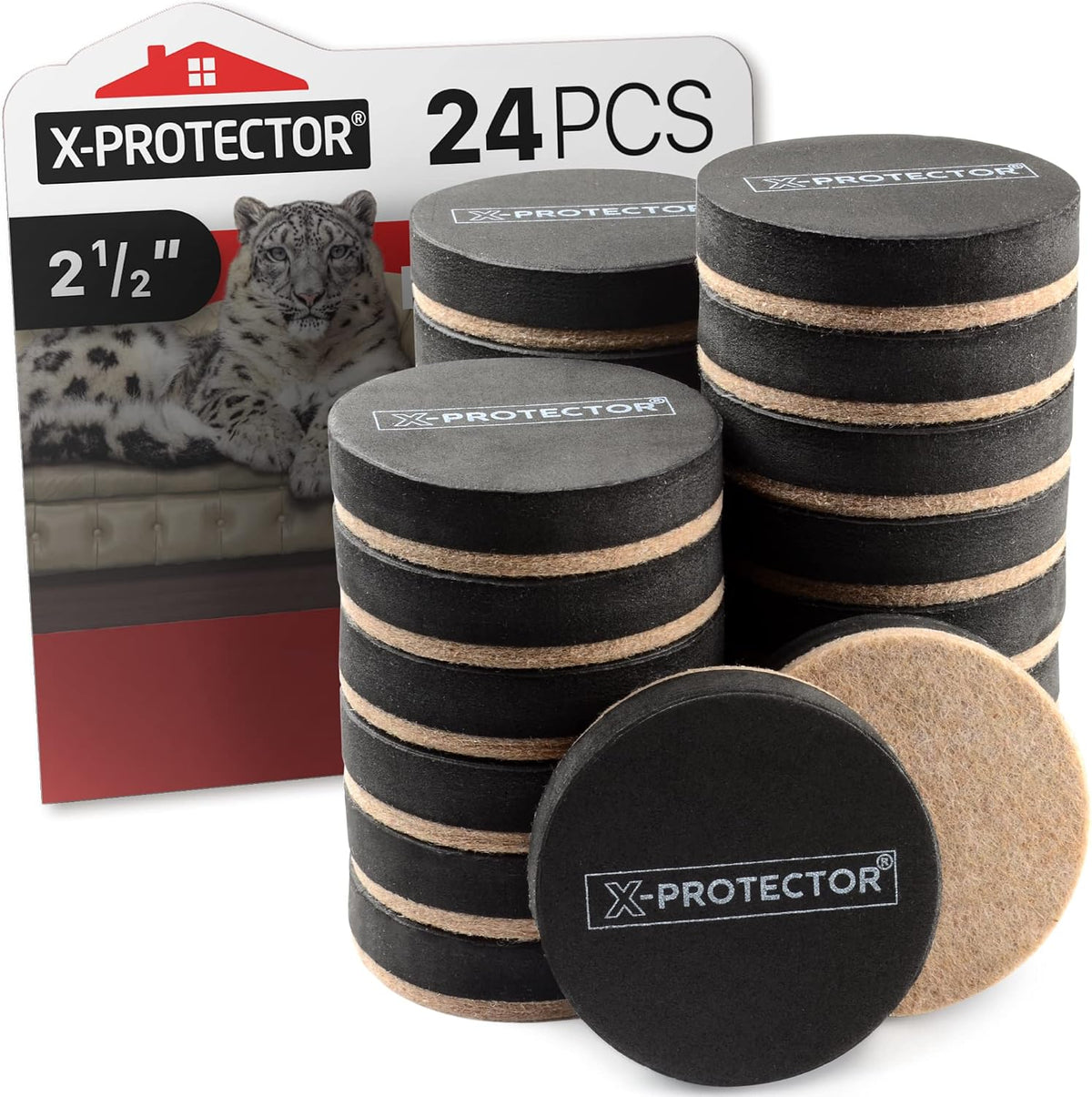 (USADOS) Deslizadores de Fieltro para Muebles X-PROTECTOR, 24 Piezas de 2 1/2 pulgadas, Uso Rudo para Pisos de Madera y Superficies Duras