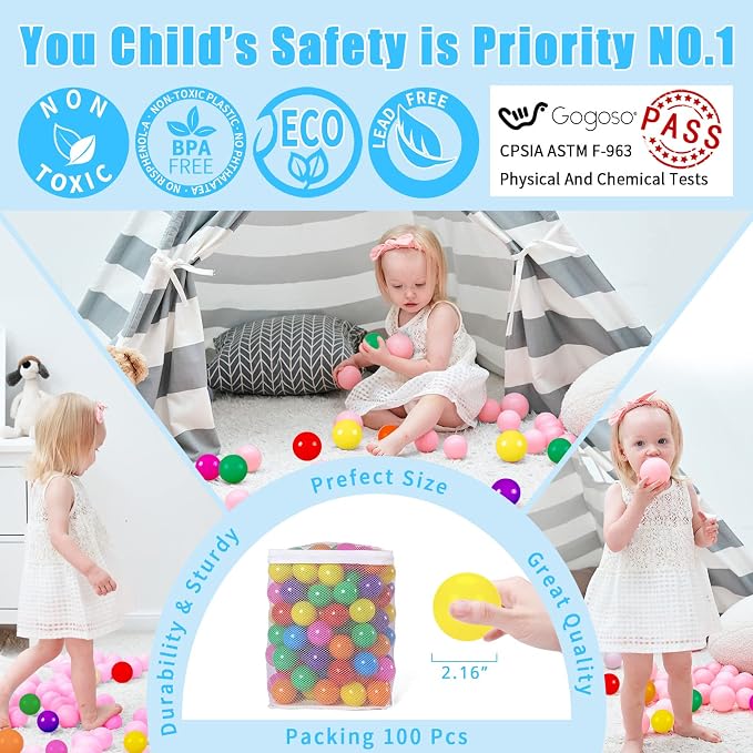 GOGOSO 100 bolas de plástico sin ftalatos y BPA, para niños pequeños y niños, accesorios para el hogar, 7 colores brillantes
