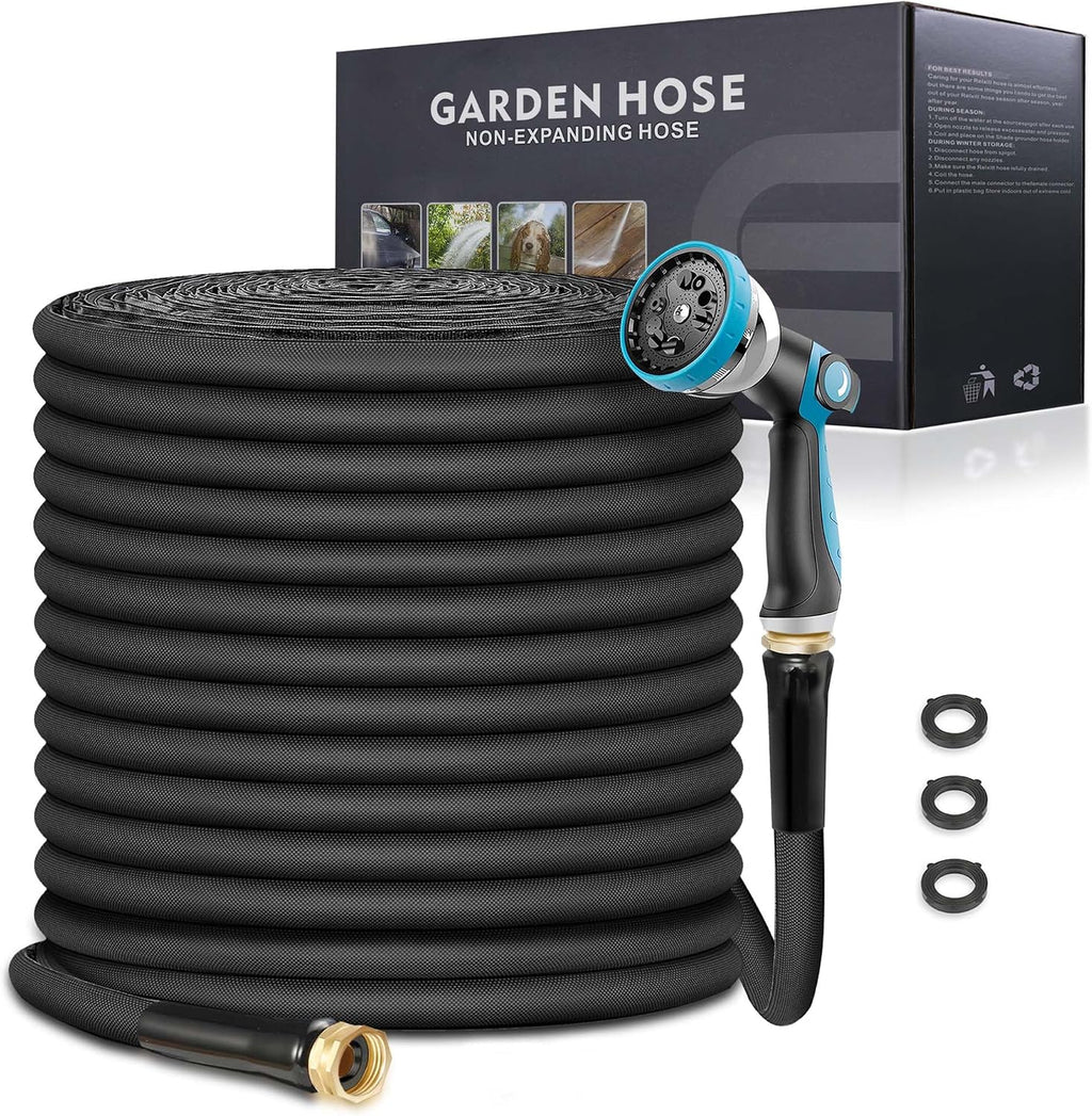 Manguera de jardín Relxitl de 30,5 metros (100 pies), manguera de agua flexible con boquilla de 10 funciones, ligera, antienredos, resistente a la corrosión para riego de jardines (negra).